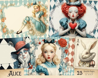 Alice in Wonderland Junk Journal Kit, Alice in wonderland ATC Cards, Alice Ephemera, Alice in Wonderland Digital Papers, Vintage Ephemera