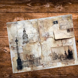 May include: A vintage-style paper with architectural sketches and handwritten script. The paper has a distressed look with torn edges and faded colors. Includes a small envelope and postage stamps, evoking a sense of history.