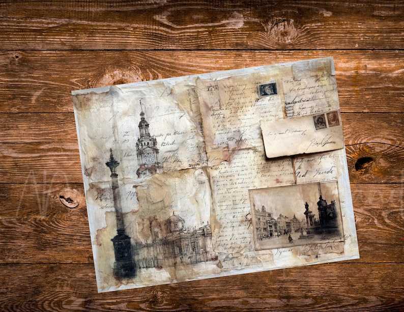 May include: A vintage-style paper with architectural sketches and handwritten script. The paper has a distressed look with torn edges and faded colors. Includes a small envelope and postage stamps, evoking a sense of history.