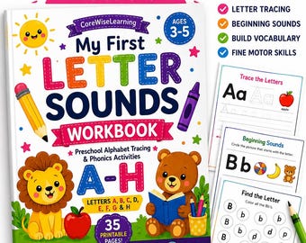 Quaderno di esercizi per imparare a tracciare le lettere dell'alfabeto dalla A alla H (stampabile) / Attività per i suoni delle lettere per la scuola materna / Schede di fonetica ABC per bambini dai 3 ai 5 anni