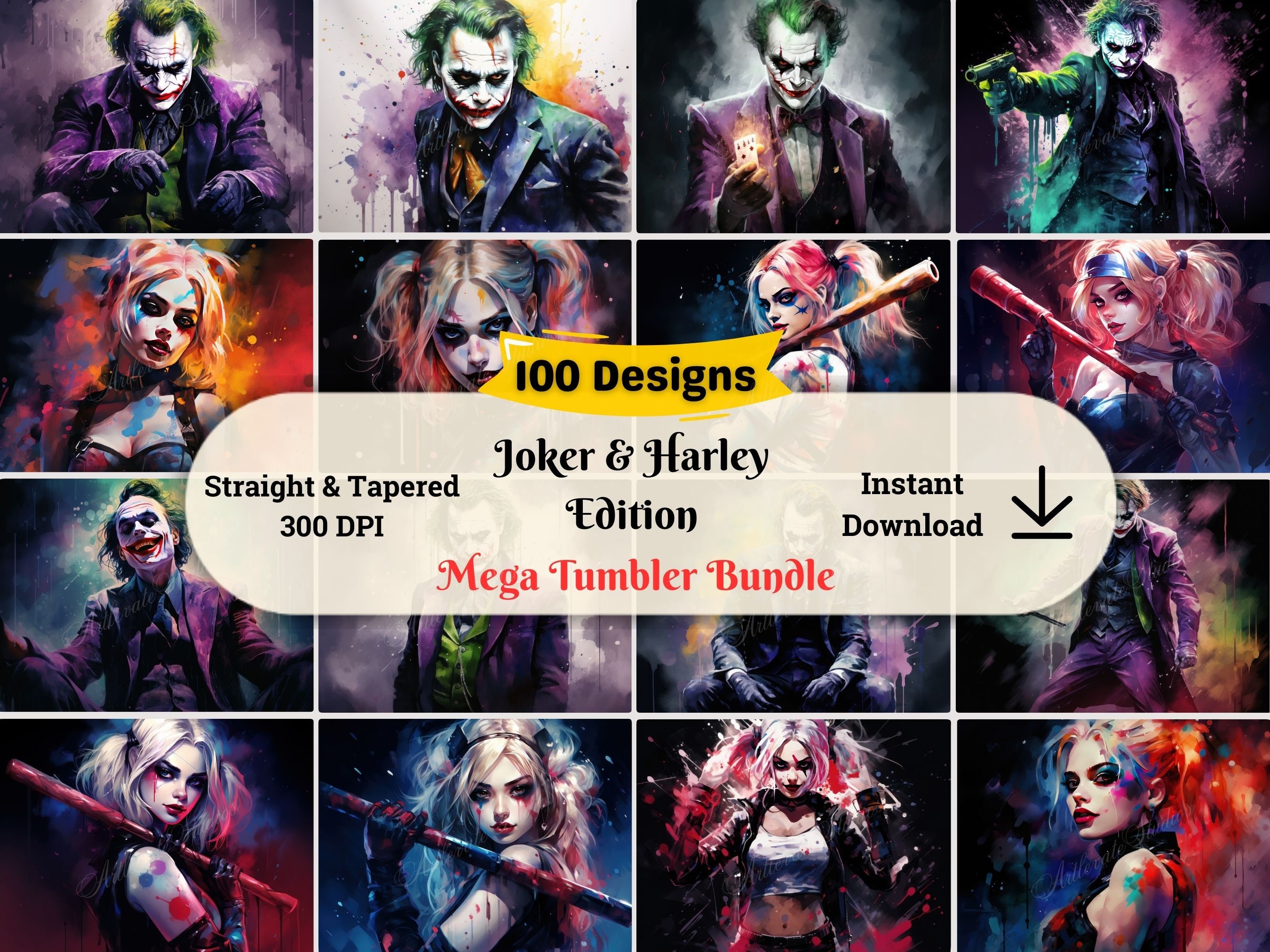 Premium Joker & Harley Tumbler Art Villain Wrap Comic Villain Drinkware