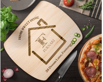Custom Family's New Home Cutting Board Gift, realtor closing gift for client, hardwood carving board housewarming party, kitchen essentials