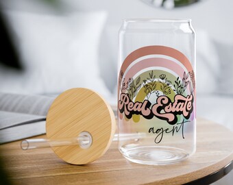 Real Estate Agent Clear Beer Glass with Bamboo Lid|Realtor Gift Sipper Glass|Cocktail glass Gift for Realtor|Reusable Cup and Straw for her