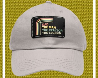 Legend Dad Realtor hat, curved baseball cap gift for him, sewn in label, buck closure headwear, faux leather patch chino twill head covering