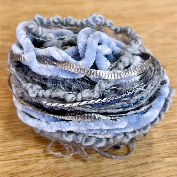 Grey & Silver Yarn Hank, Mixed Texture Fibres, Embellishment Yarns