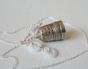 Silver Thimble Charm Necklace Milk Glass Buttons 1950s Crystall Charm