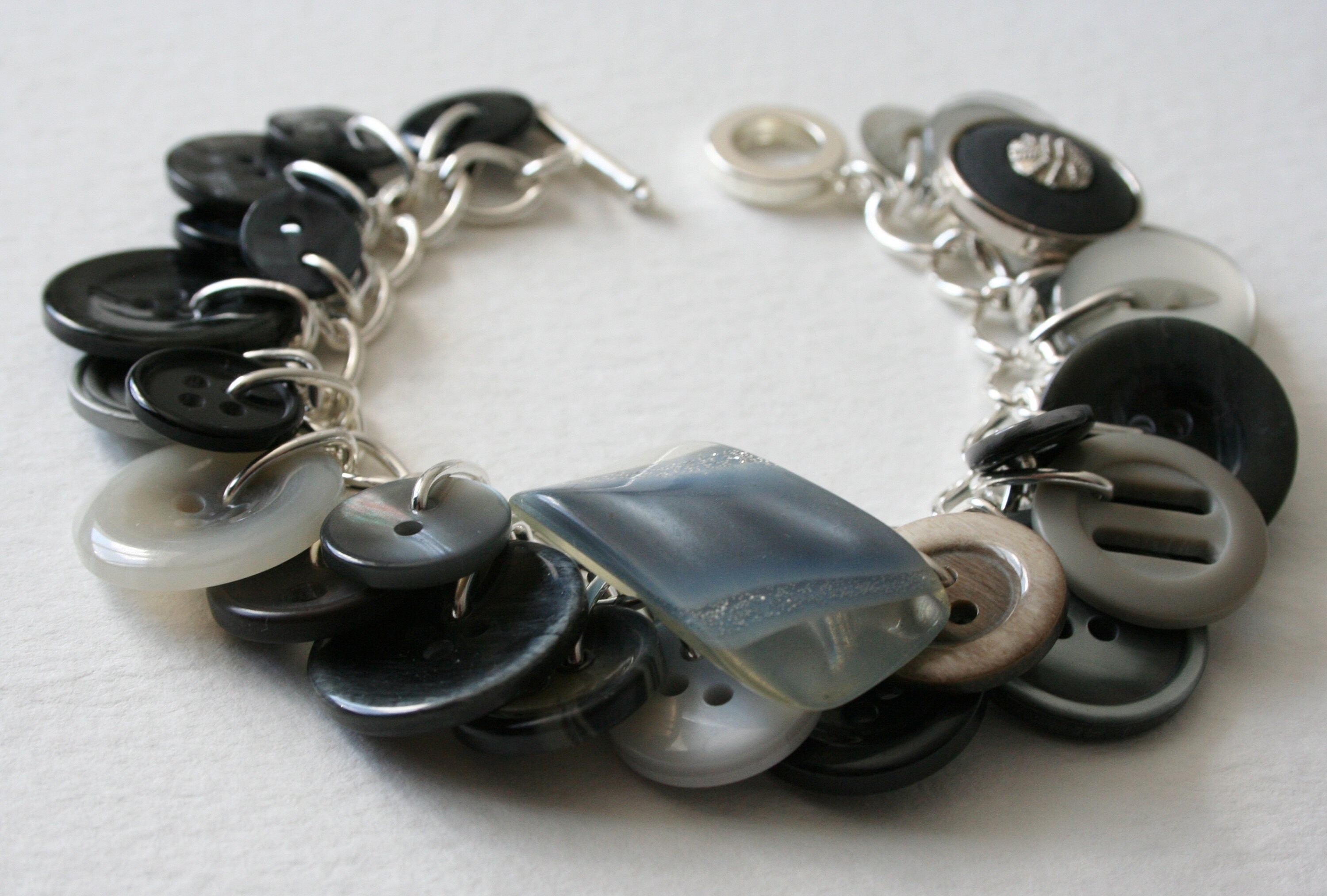 Button Bracelet Gray Grey Silver Sparkly Statement Button Charm