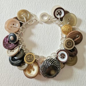 Button Bracelet In Big Natural and Creams Vintage Statement Button Charm