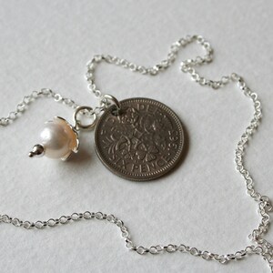 Lucky Sixpence Pearl Silver naszyjnik 1963 narzeczonych lub druhny