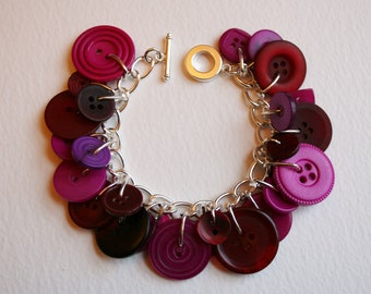 Button Bracelet Shocking Pink Plum and Red Burgundy Mix Buttons Charm Bracelet