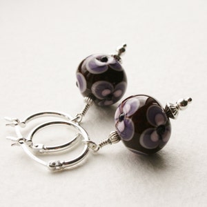 Lampwork Glass Earrings Sterling Silver Hoop Earrings Purple and Lilac