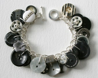 Button Bracelet Black White and Metallic Glitz