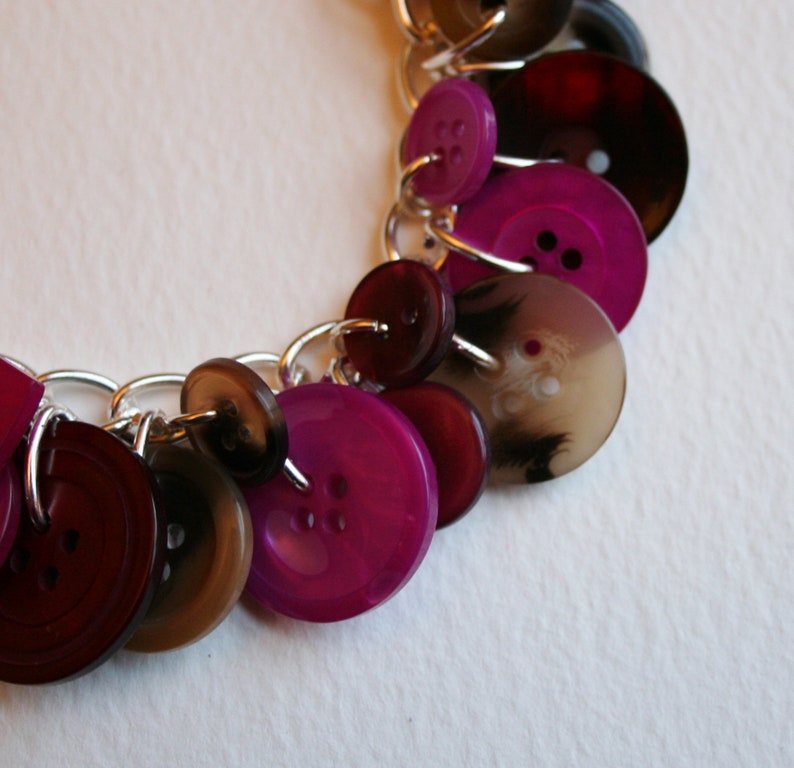 Button Bracelet Faux Tortoise Shell Pink Plum and Burgundy Mix Buttons Charm Bracelet image 5