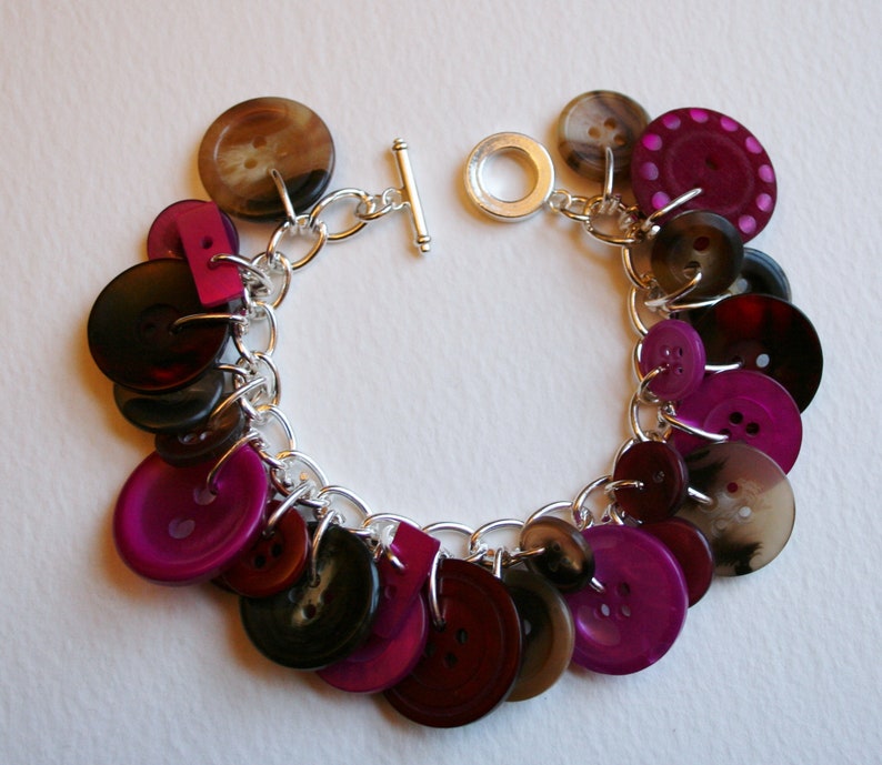 Button Bracelet Faux Tortoise Shell Pink Plum and Burgundy Mix Buttons Charm Bracelet image 1