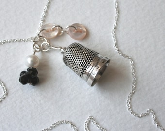 Silver Thimble Charm Necklace Crystal and Vintage Buttons