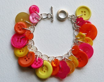 Button Bracelet Summer Flower Colours Pink Yellow Orange Buttons Charm Bracelet