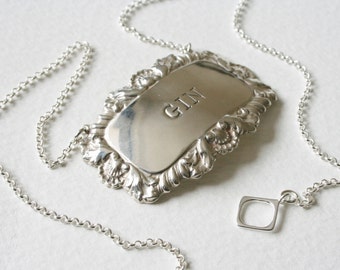 Gin Charm Necklace Sterling Silver Vintage Decanter Label Mother's Ruin