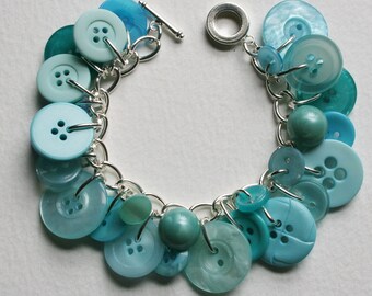 Button Bracelet Aqua Blue Mix Buttons Charm Bracelet