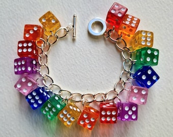 Plastic Fantastic Rainbow Dice Charm Bracelet Rock N Roll Vegas Fun