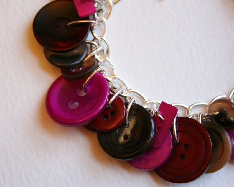 Button Bracelet Faux Tortoise Shell Pink Plum and Burgundy Mix Buttons Charm Bracelet image 2
