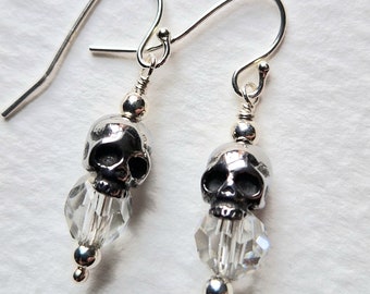 Fish Hook Teeny Dangle Skull and Vintage Crystal Bead Earrings Rock N Roll Glamour Sterling Silver