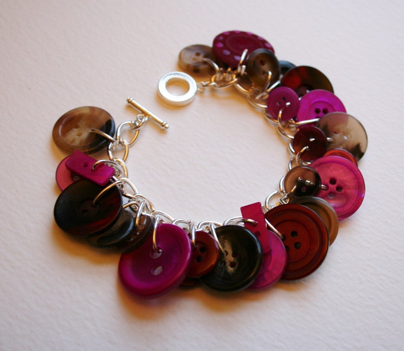 Button Bracelet Faux Tortoise Shell Pink Plum and Burgundy Mix Buttons Charm Bracelet image 3