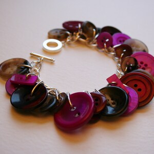 Button Bracelet Faux Tortoise Shell Pink Plum and Burgundy Mix Buttons Charm Bracelet image 4