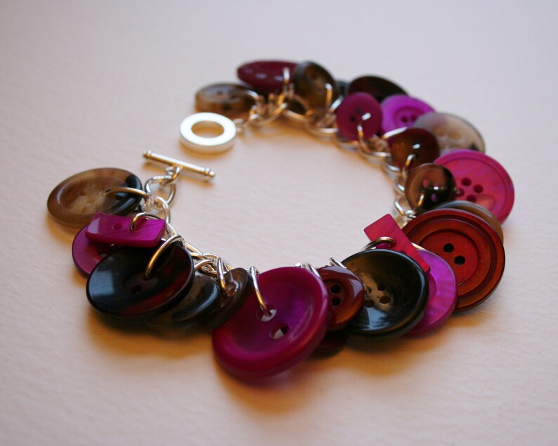 Button Bracelet Faux Tortoise Shell Pink Plum and Burgundy Mix Buttons Charm Bracelet image 4