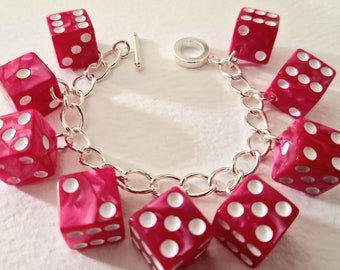 Plastic Fantastic Bright Pink Big Dice Charm Bracelet Rock N Roll Vegas Barbie