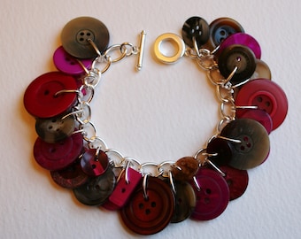 Faux Tortoise Shell Shocking Pink Plum and Burgundy Mix Buttons Charm Bracelet