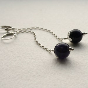 Long Sterling Silver and Amethyst Earrings Flower Detail