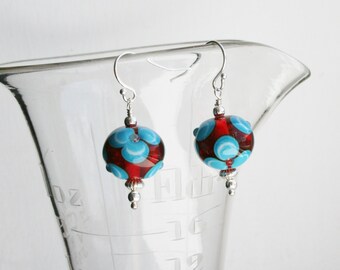 Sterling Silver Glass Lampwork Bead Earrings Red and Blue Floral Design