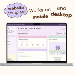 May include: A laptop screen displaying a website template titled Pixel Days, featuring a light purple grid interface with sections for a mood tracker, a diary, and a pixelated pet. The text reads website template Works on mobile and desktop.