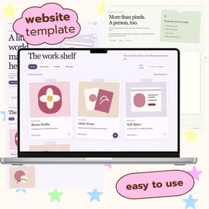 Op de afbeelding: Een laptopscherm met een websitetemplate getiteld The work shelf, voorzien van een raster met projectkaarten in zachte roze, paarse en crèmekleurige tinten, naast tekstelementen en navigatieknoppen voor brand design, illustratie en webdesign.