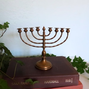 Vintage Brass Hanukkah Menorah | 1960s 1970s Traditional Hanukkiah | Judaica Holiday Candelabra | Jewish Religious Gift