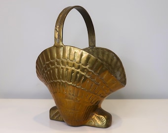 Vintage Brass Shell Basket, Nautical Decor Caddy Made in Korea