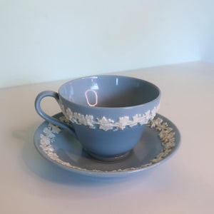 Vintage Wedgwood Embossed Queens Ware Blue Cup & Saucer Set | Jasperware-Style Tea Cup | Made in England | Collectible Wedgwood China