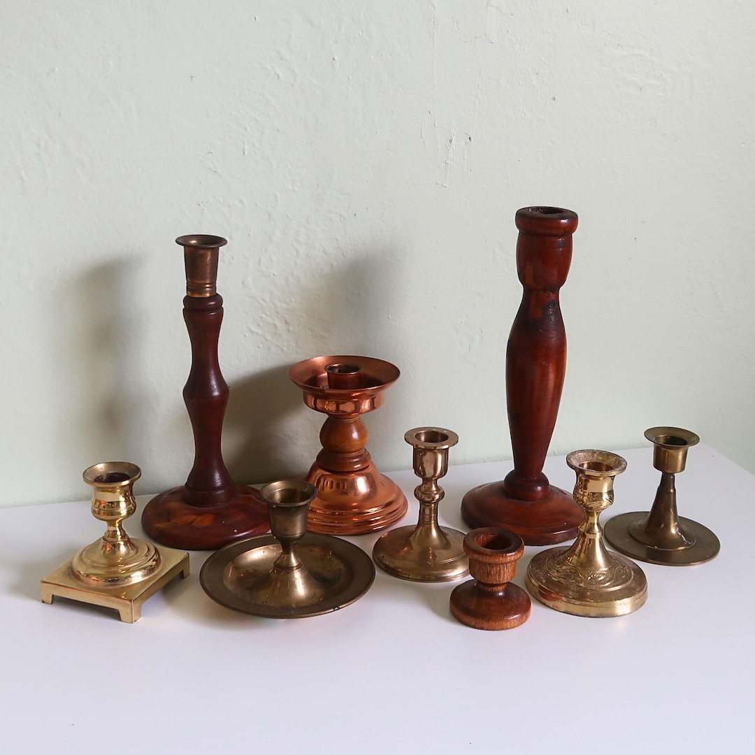 Set of 9 Mixed Vintage Candlestick Holders, Brass, Copper, Wood Taper ...