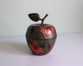 Vintage Enameled Brass Apple Trinket Box: Red Floral Boho Decor