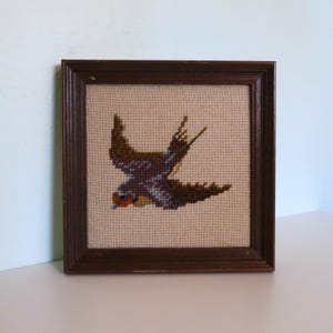 Vintage Framed Needlepoint Bird Art | 1970s Cross Stitch Swallow | Rustic Woodland Wall Decor | Cottagecore Crewel Yarn Art