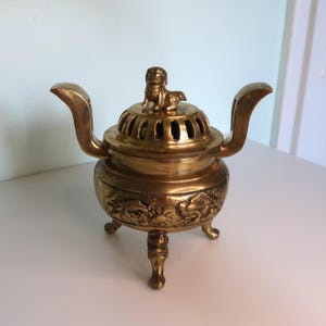 Vintage Brass Dragon Incense Burner with Foo Dog Lid | Two-Handled Censer | Asian Decor | Tripod Brass Censer | Antique Brass Incense Pot