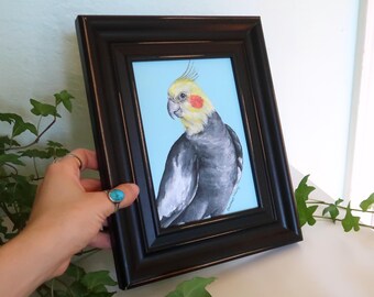 Peinture calopsitte originale : portrait de perroquet encadré, oeuvre d'art aviaire signée