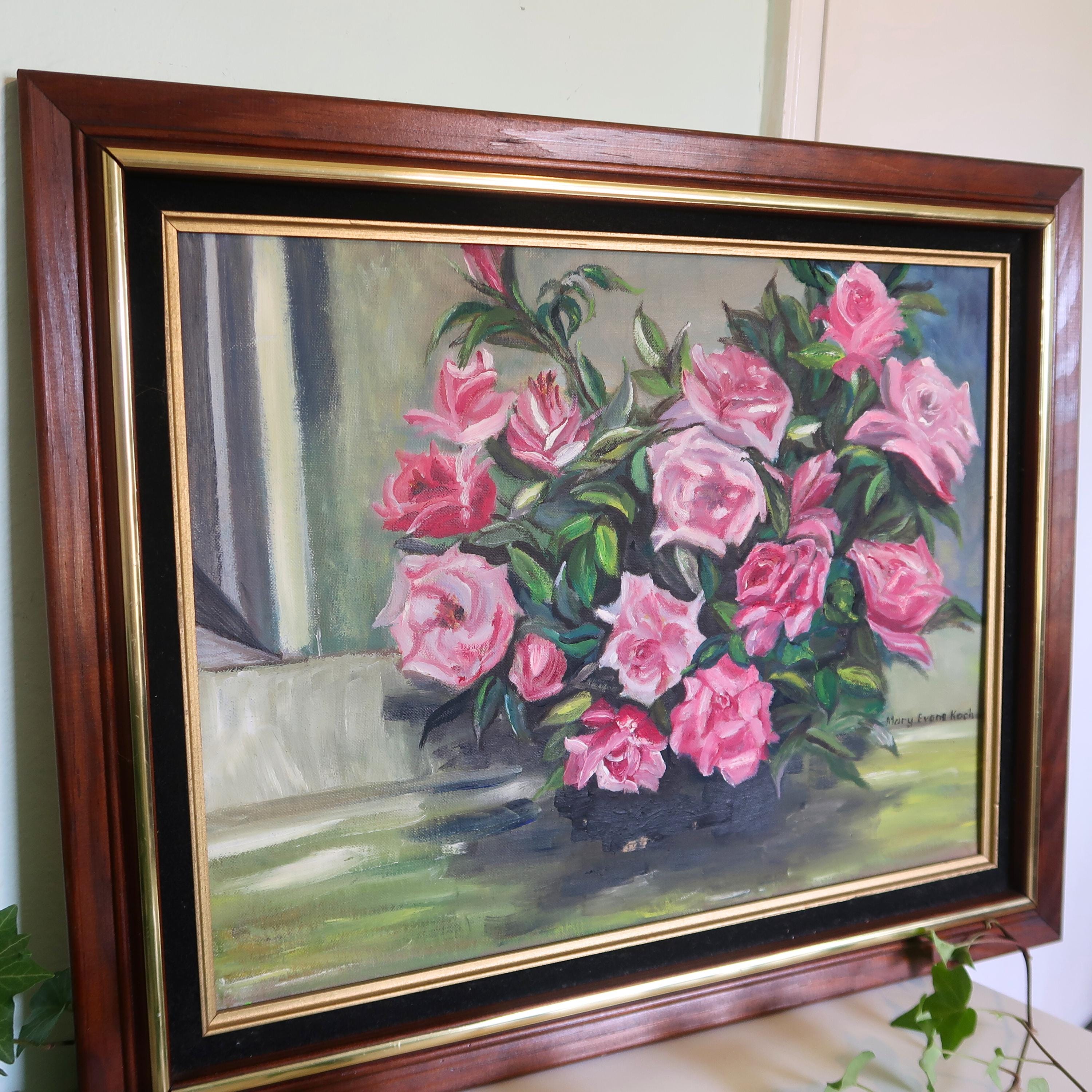 Vintage Pink Roses Oil Painting: Signed Mid-century Floral Still Life ...