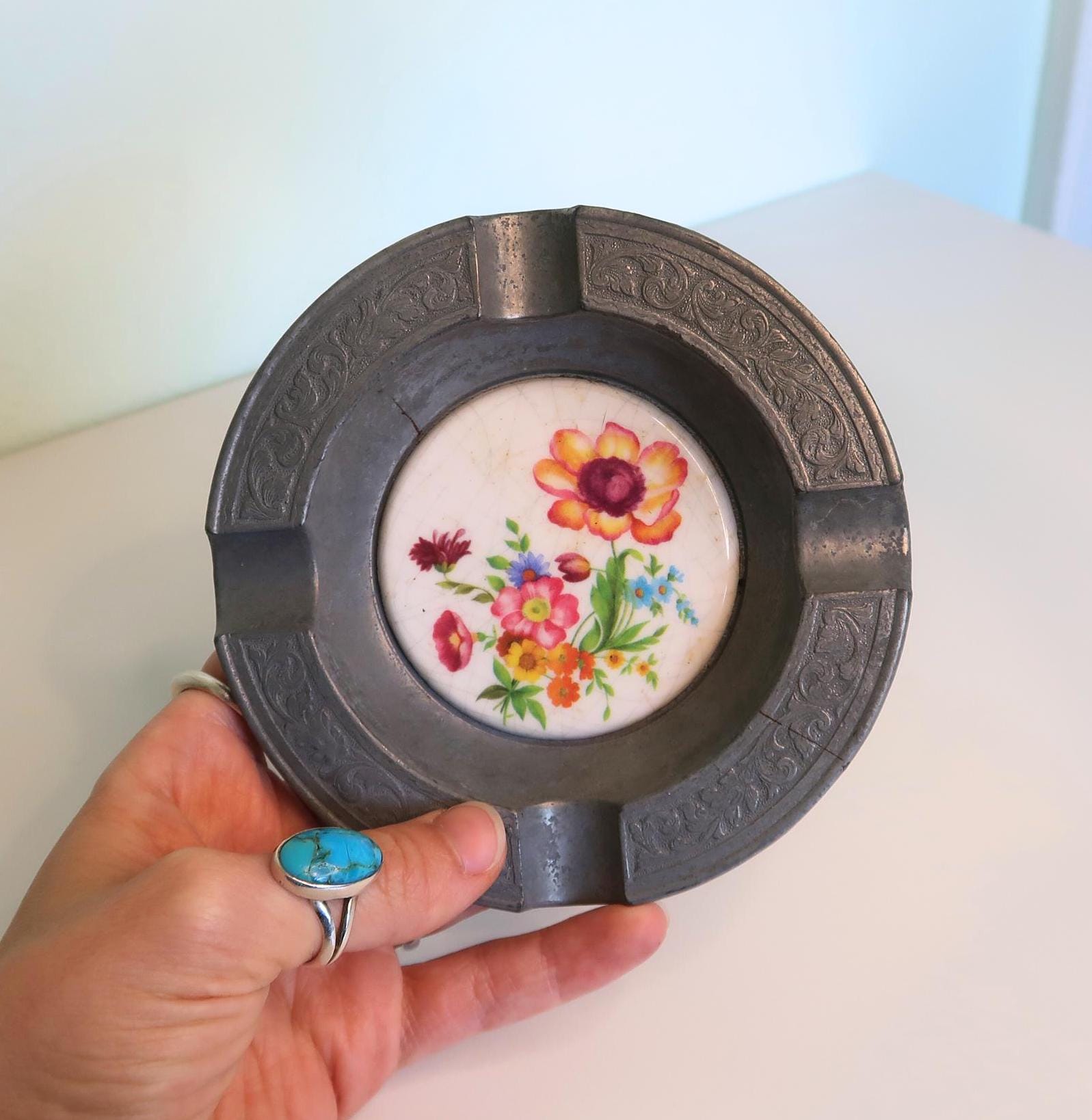 Vintage Floral Ceramic and Pewter Ashtray | Colorful Flower Design | Mid Century Smoking Accessory