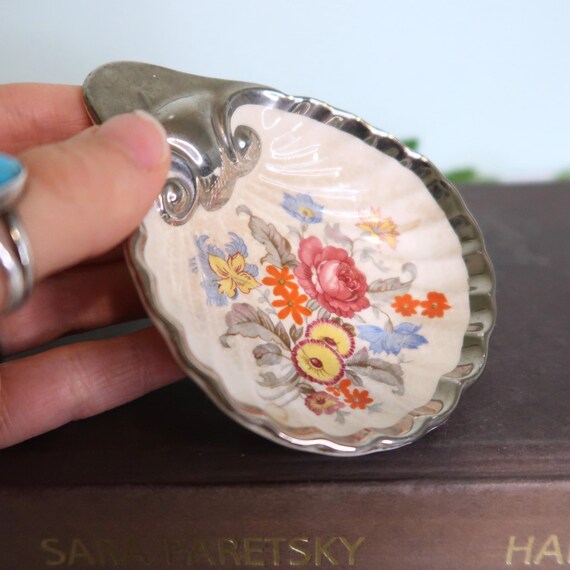 Vintage Floral Trinket Dish: Silver Plate & Ceramic Lancaster Sandland, England View 5