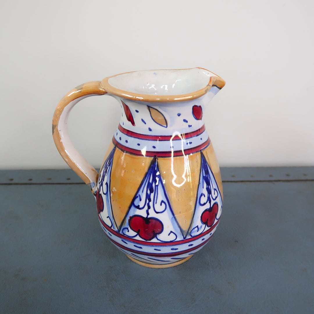 Vintage Hand Painted Italian Pottery Pitcher, European Ceramic Folk Art ...