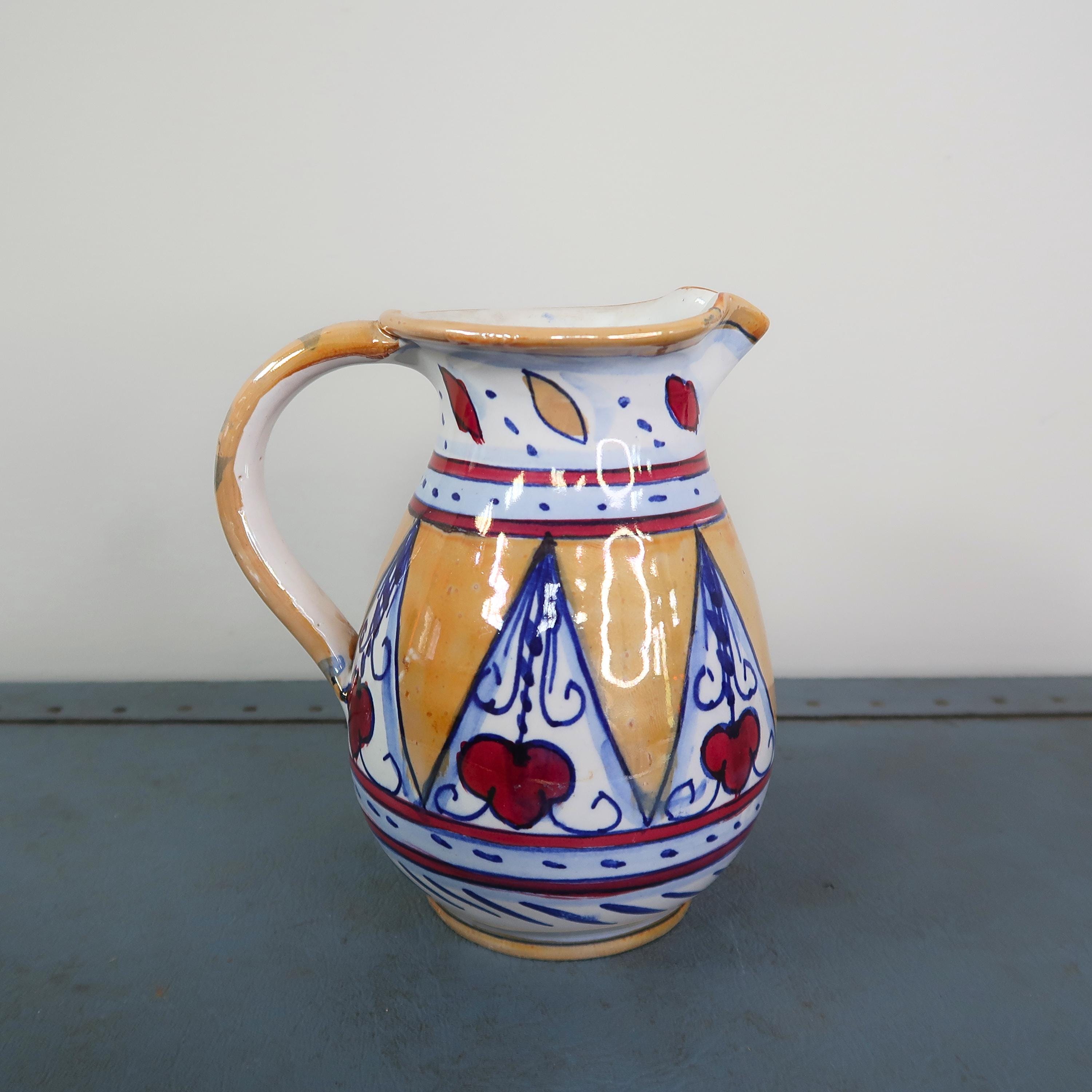 Vintage Hand Painted Italian Pottery Pitcher, European Ceramic Folk Art ...