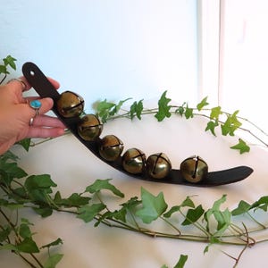 Vintage Brass Sleigh Bells on Leather Strap | Rustic Farmhouse Door Hanger Chime | Shopkeeper&#39;s Bell | Primitive Country Holiday Decor