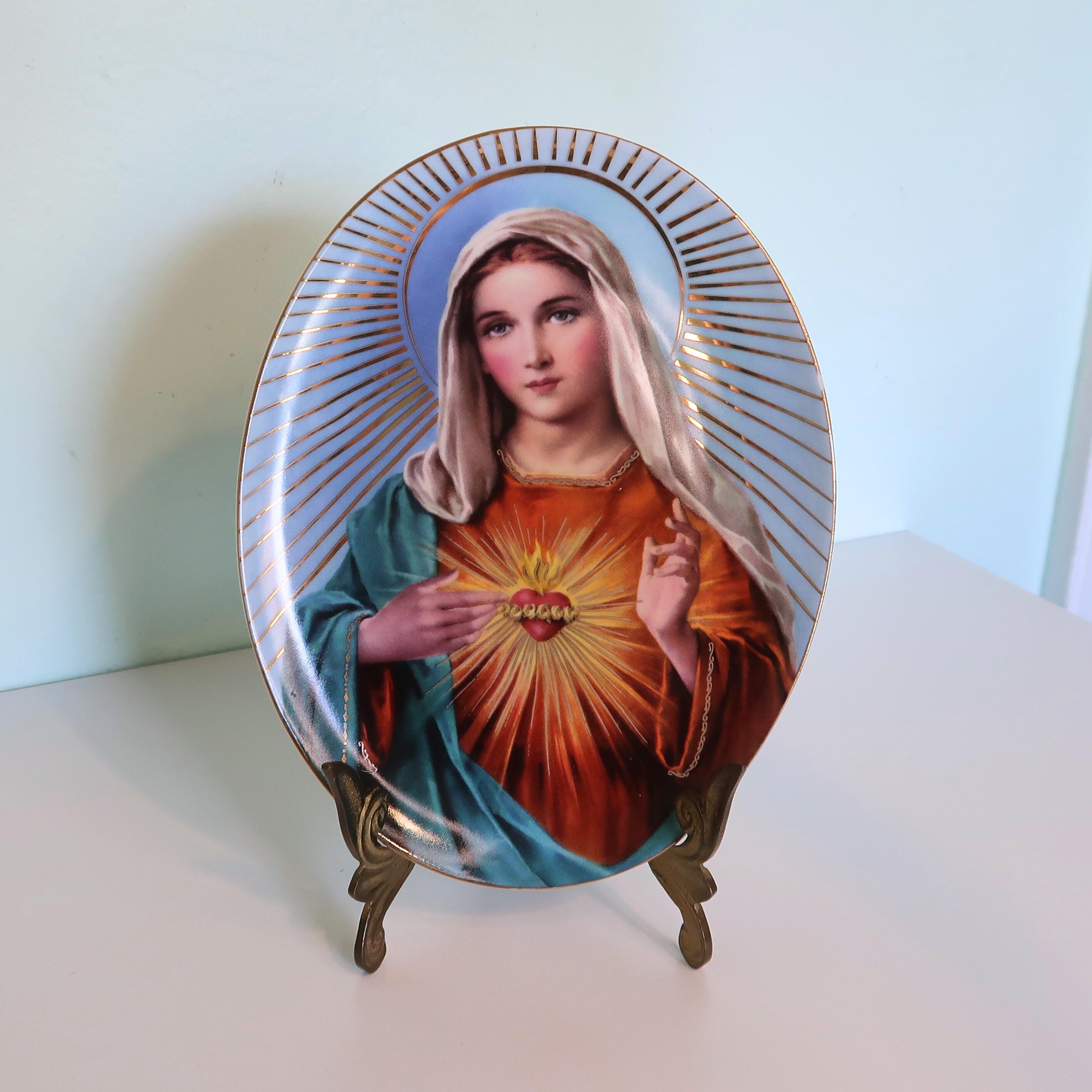 Vintage The Immaculate Heart of Mary Porcelain Plate | Mid-Century Religious Wall Art | Catholic Virgin Mary Home Decor