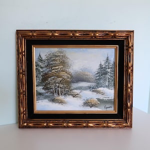 Vintage Winter Landscape Oil Painting | Signed Renos Original Art | Framed Snow Scene | 1960s 1970s Rustic Cabin Wall Decor Art